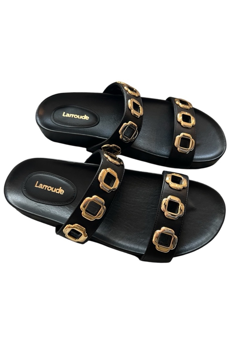 Larroude Milan Black Leather Double-Strap Slide Sandals with Gold Accents - Picture 2 of 12
